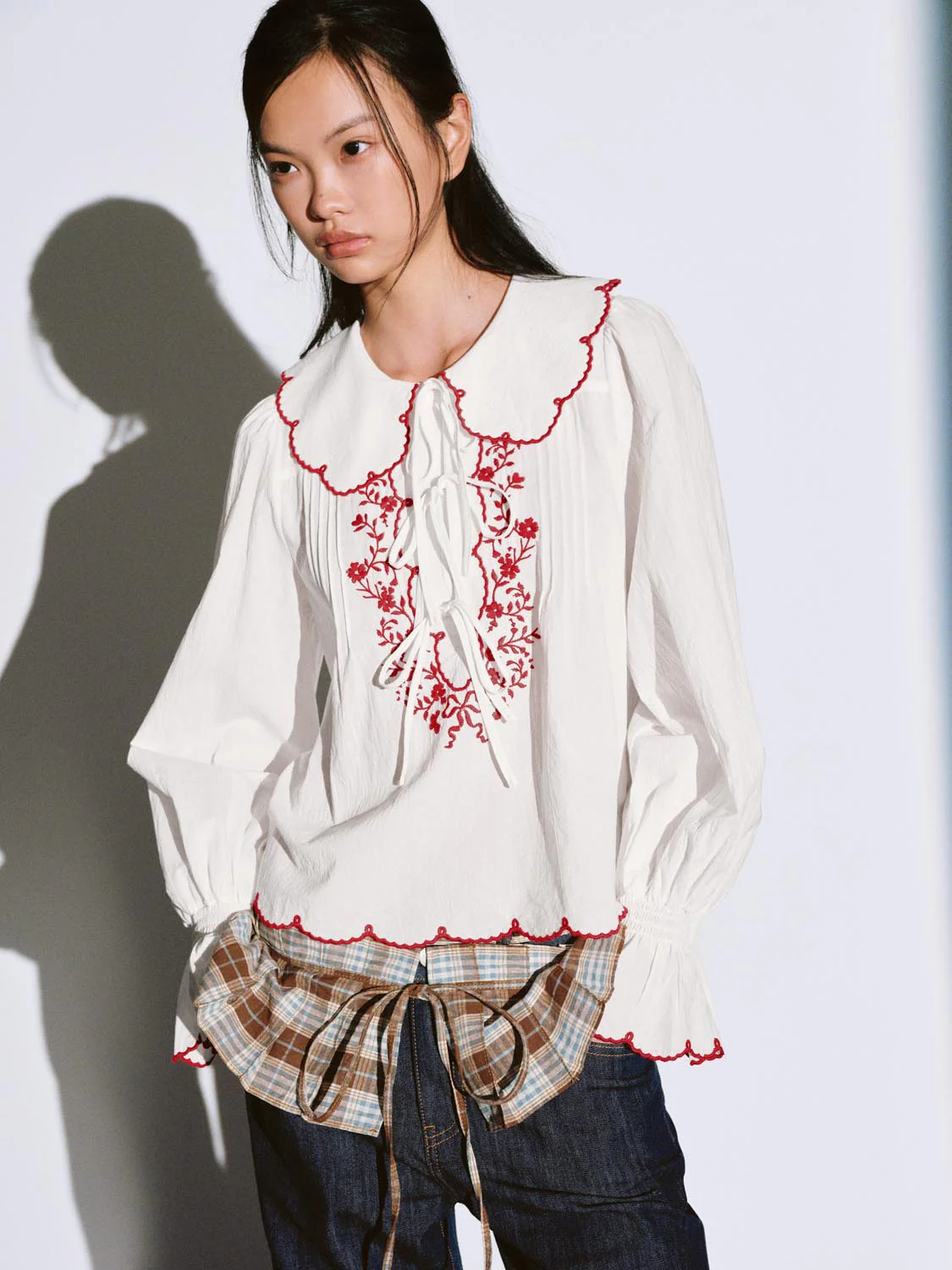 Contrast Ruffle Trim Tie Detail Overhead Shirts - Image 2