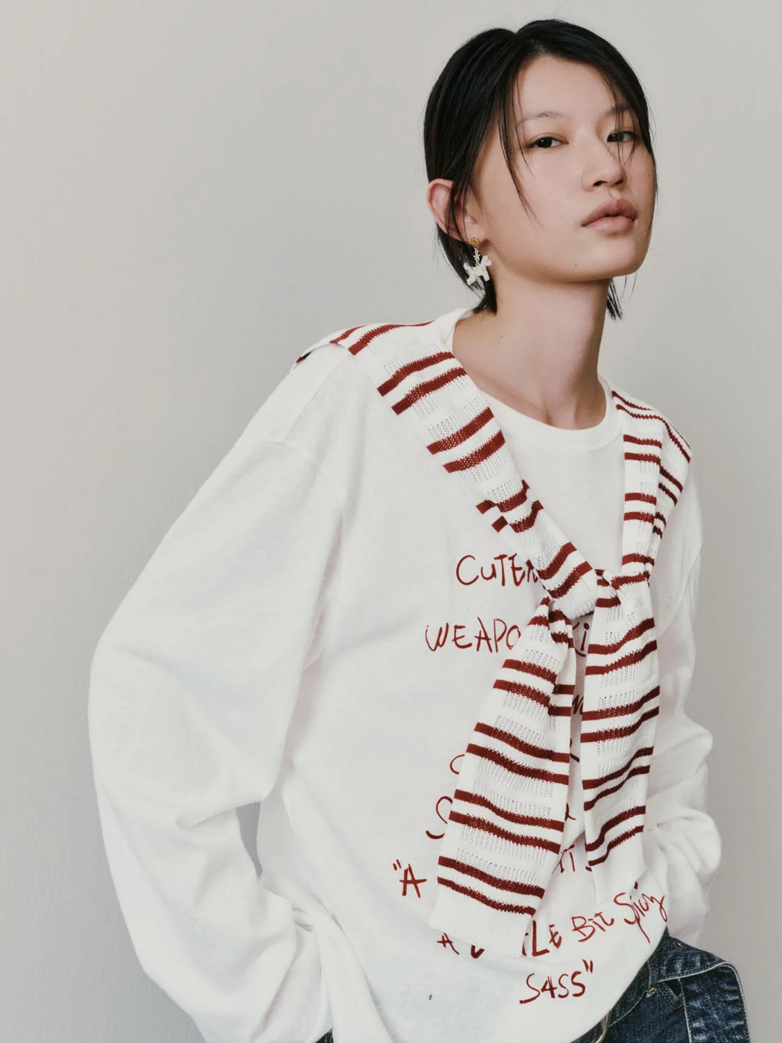 Contrast Striped Shawl Detail Printed Long Sleeve T-Shirts - Image 2
