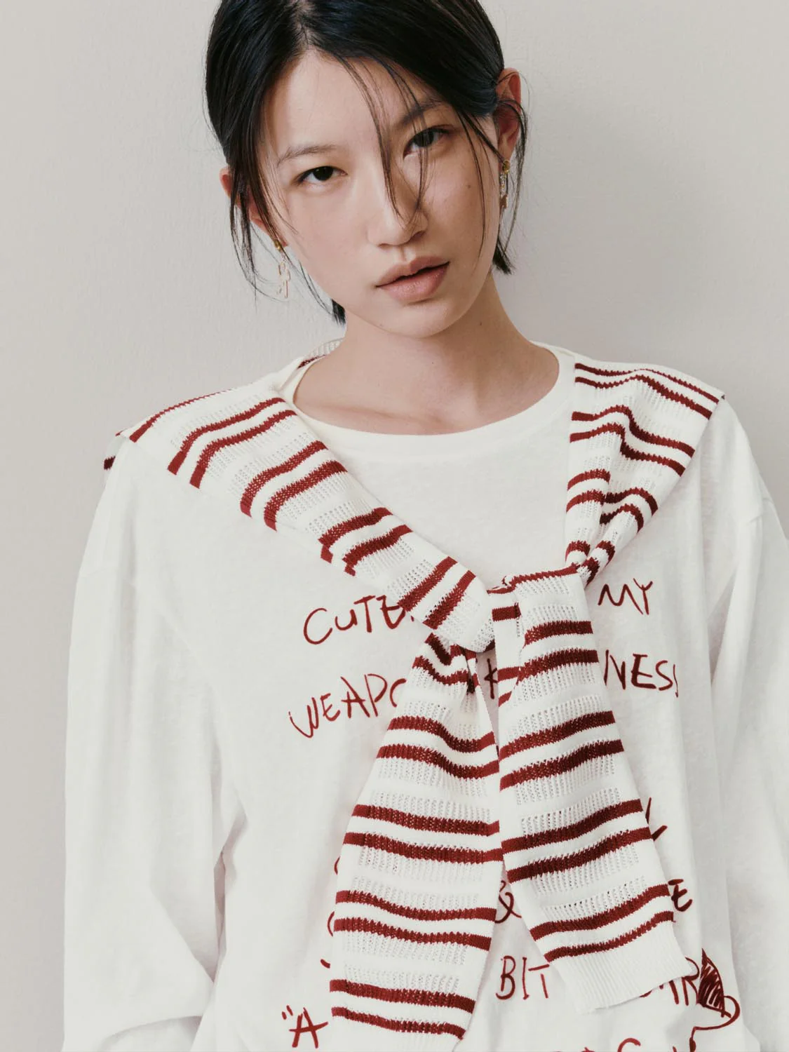 Contrast Striped Shawl Detail Printed Long Sleeve T-Shirts - Image 3