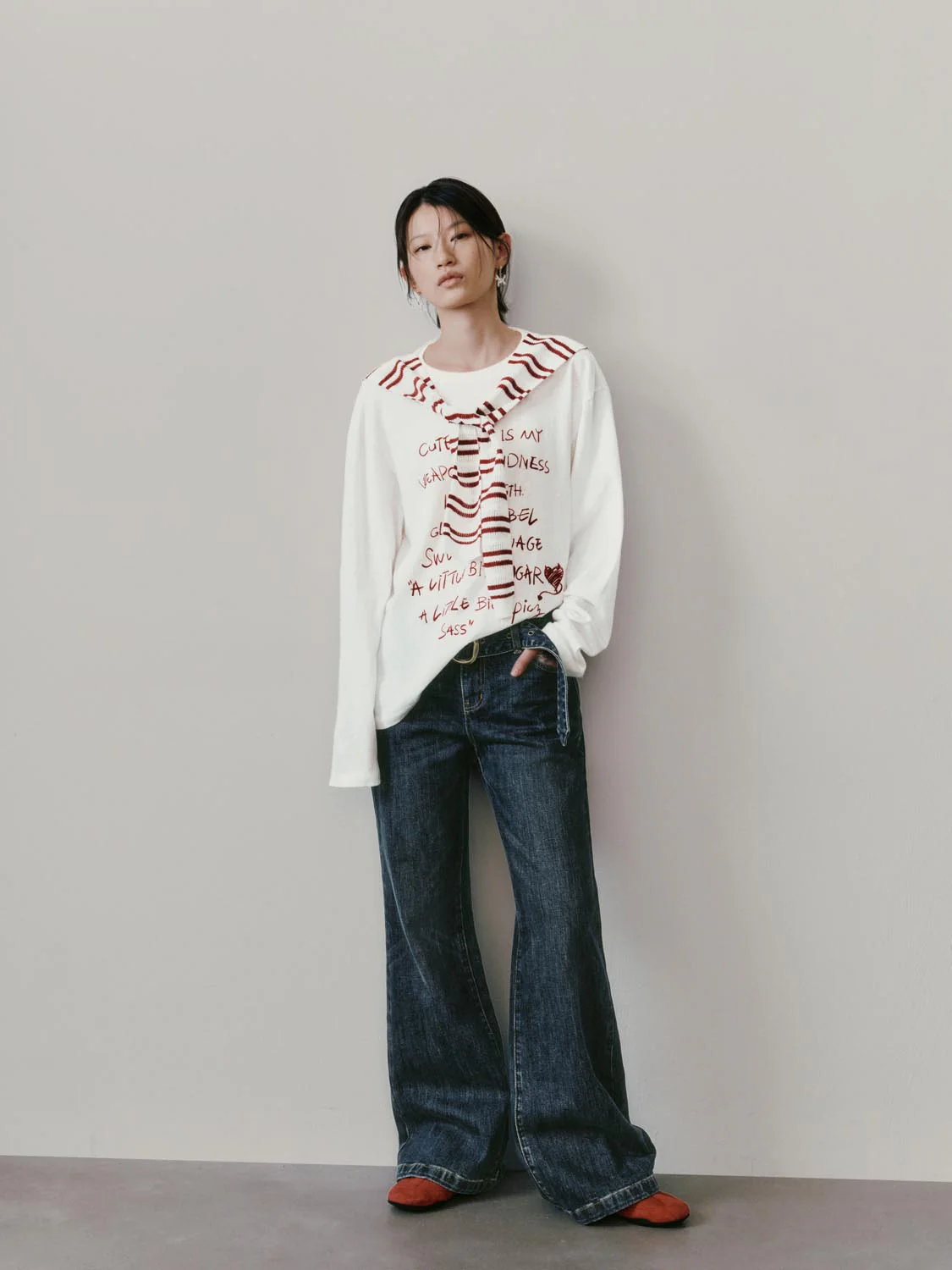 Contrast Striped Shawl Detail Printed Long Sleeve T-Shirts - Image 4