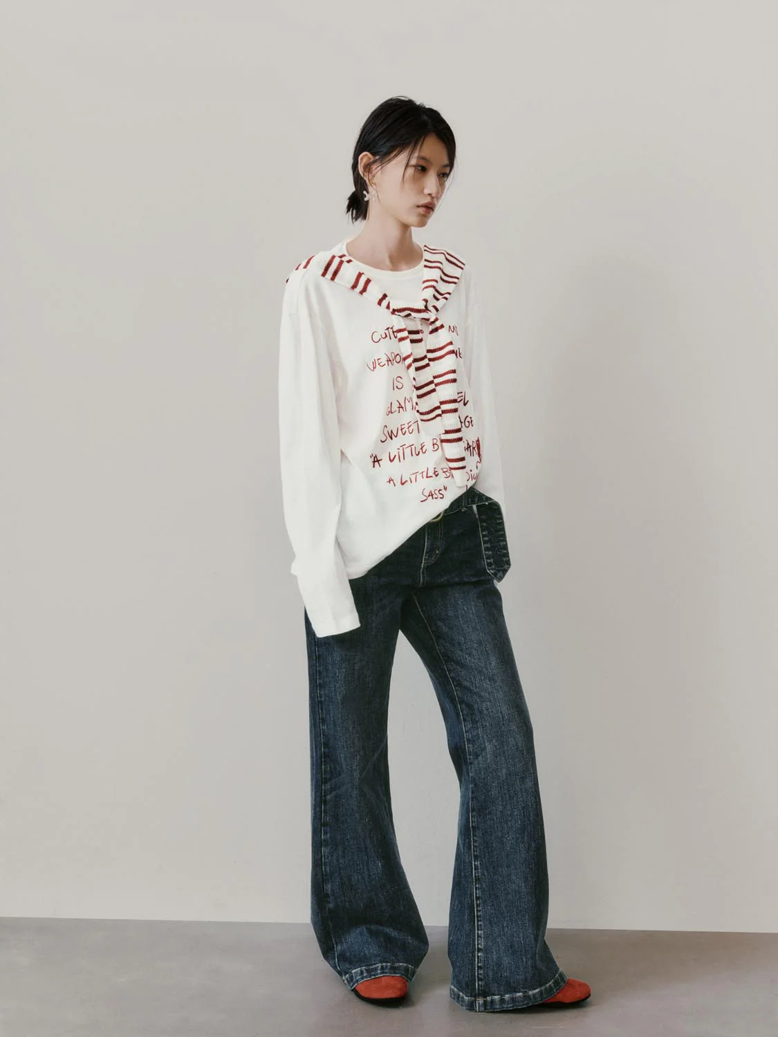 Contrast Striped Shawl Detail Printed Long Sleeve T-Shirts - Image 5
