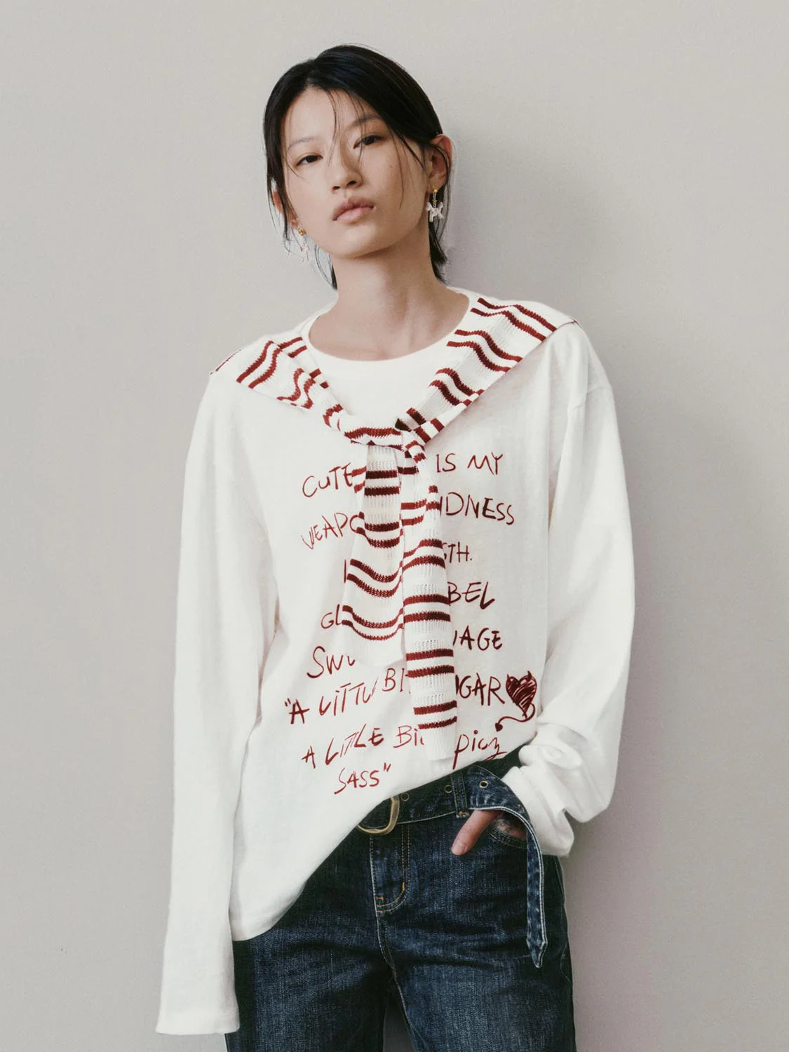 Contrast Striped Shawl Detail Printed Long Sleeve T-Shirts - Image 9