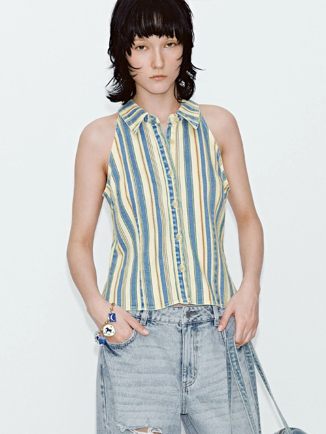 Contrast Striped Sleeveless Denim Shirts - Image 4