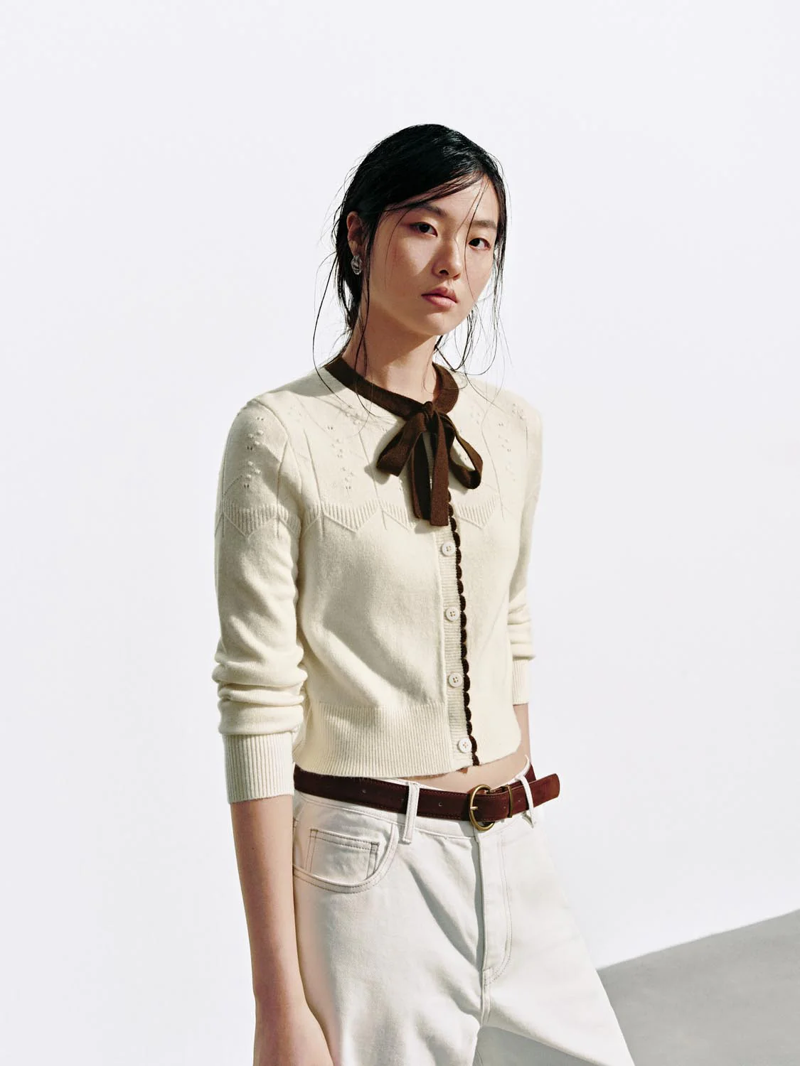 Contrast Tie Neck Knitted Cardigans - Image 2