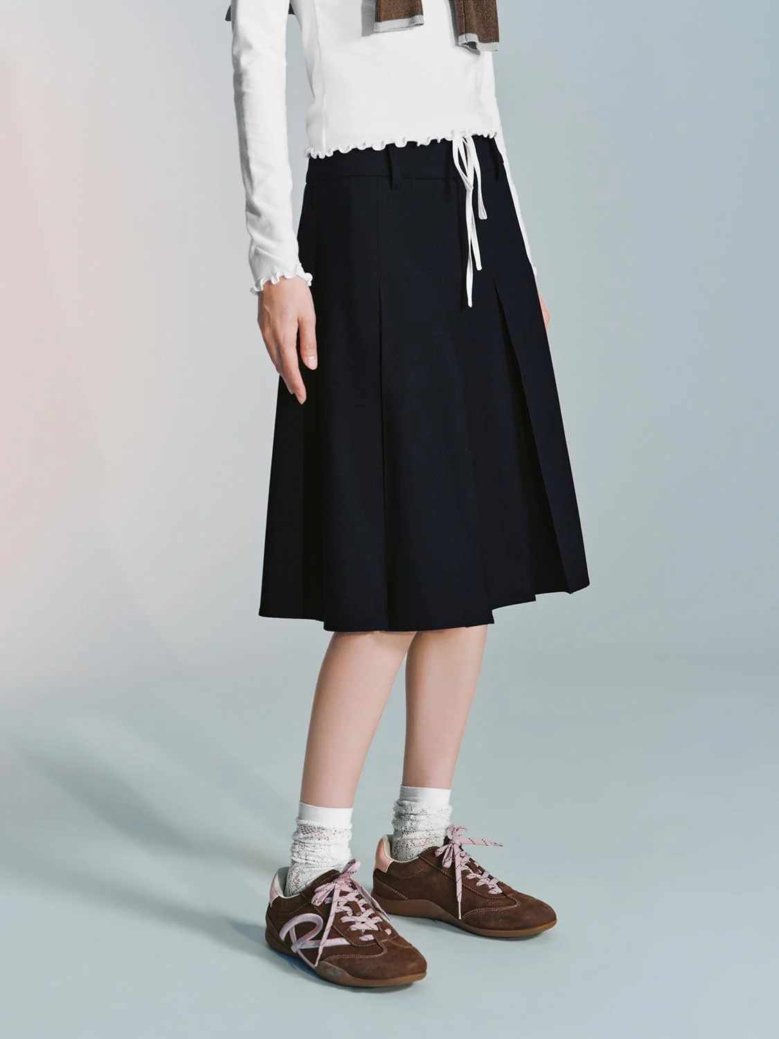 Contrast Trim Drawstring Pleated A-Line Mini Skirts - Image 11