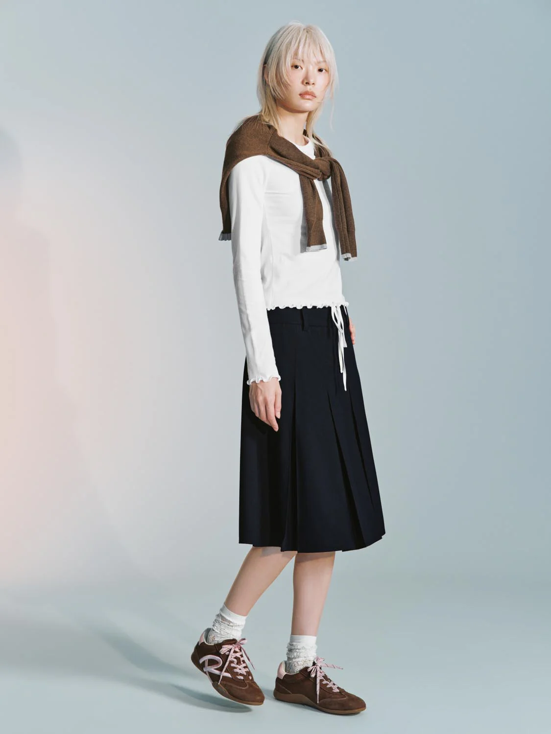 Contrast Trim Drawstring Pleated A-Line Mini Skirts - Image 14