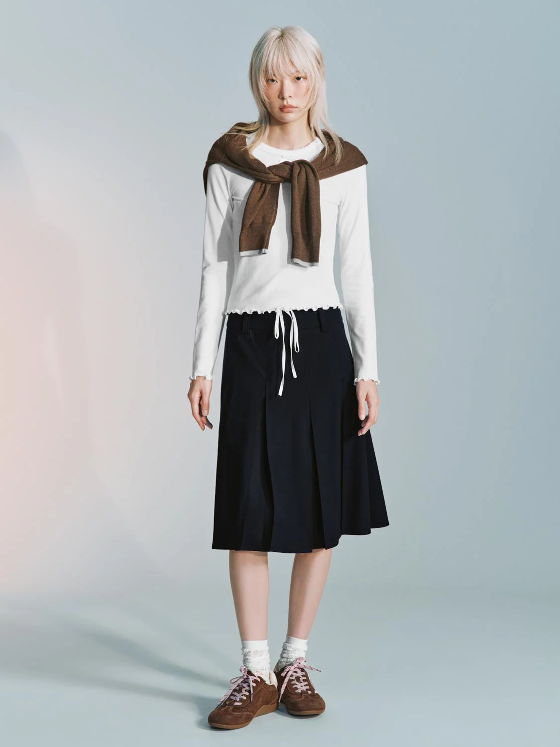 Contrast Trim Drawstring Pleated A-Line Mini Skirts - Image 15