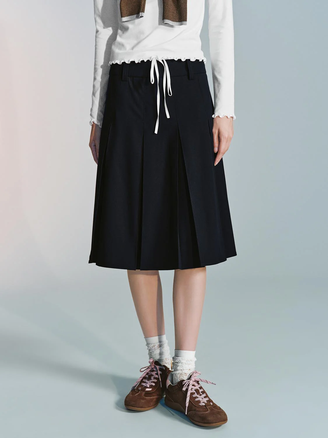 Contrast Trim Drawstring Pleated A-Line Mini Skirts - Image 18