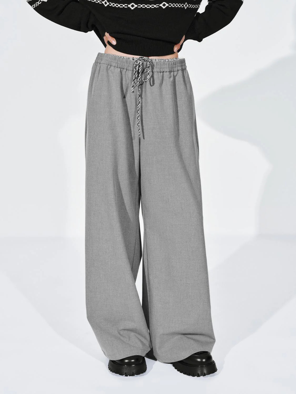 Contrast Trim Drawstring Pull On Wide Leg Pants - Image 17