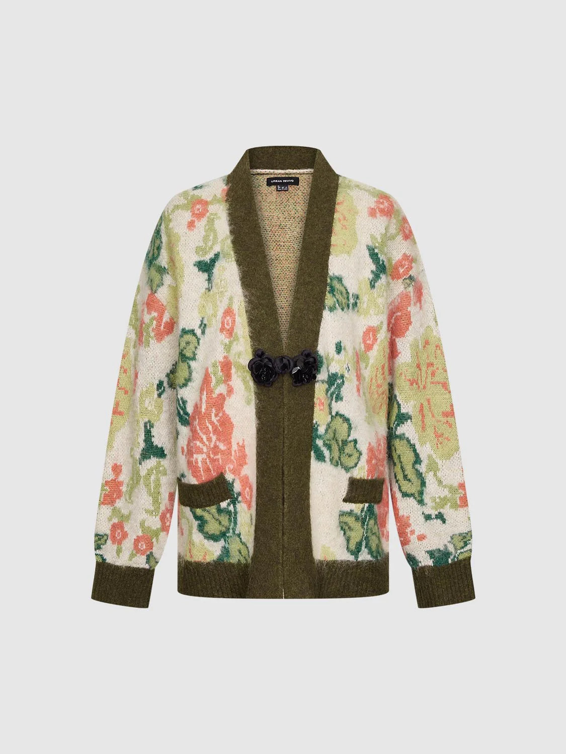 Contrast Trim Floral Intarsia V-Neck Knitted Cardigans - Image 7