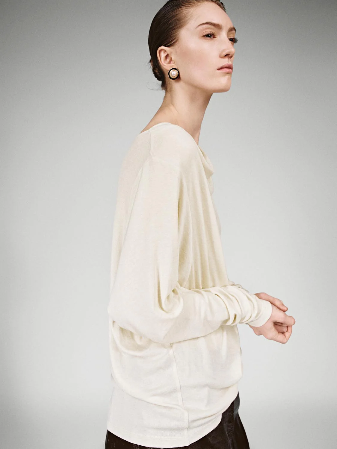 Cowl Neck Draped Long Sleeve T-Shirts - Image 2