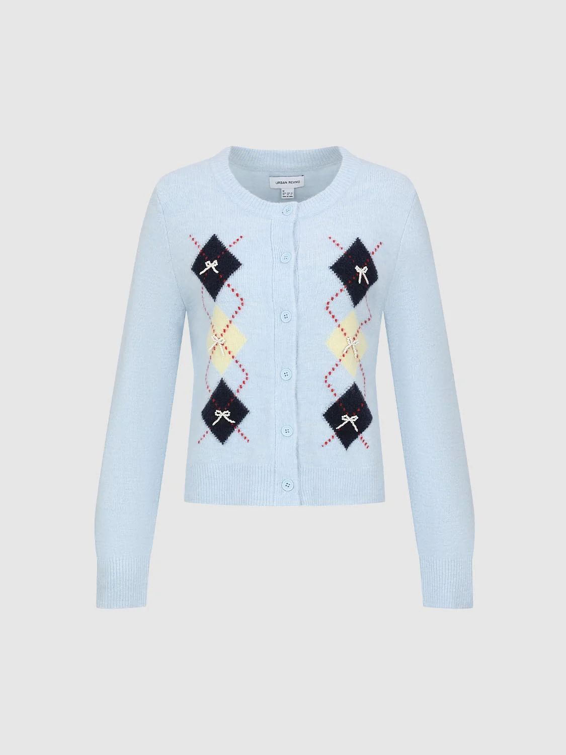 Crew Neck Argyle Intarsia Knitted Cardigans - Image 21