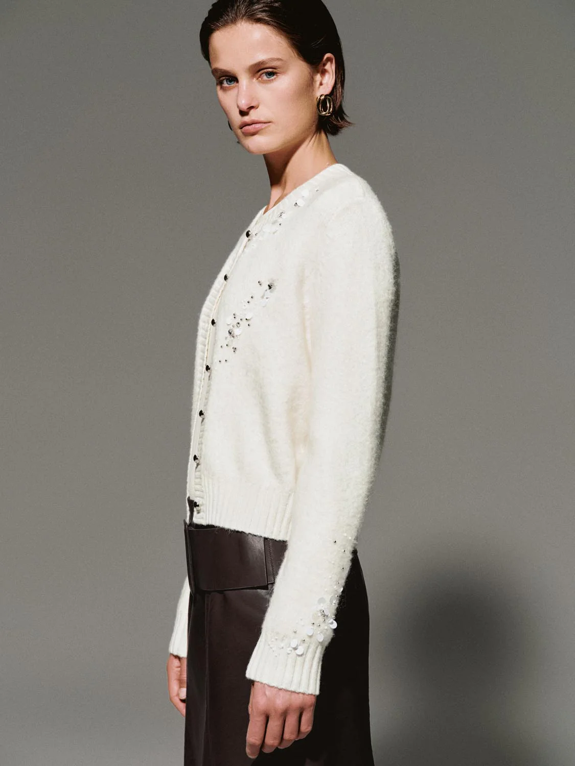 Crew Neck Beaded Knitted Cardigans - Image 2