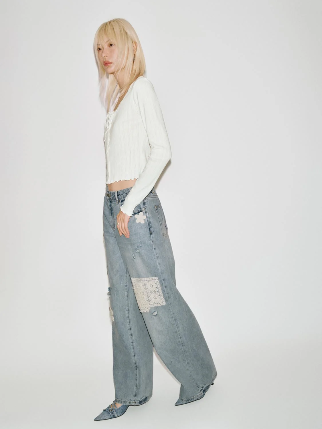 Crew Neck Bow Detail Ruffle Trim Long Sleeve T-Shirts - Image 5