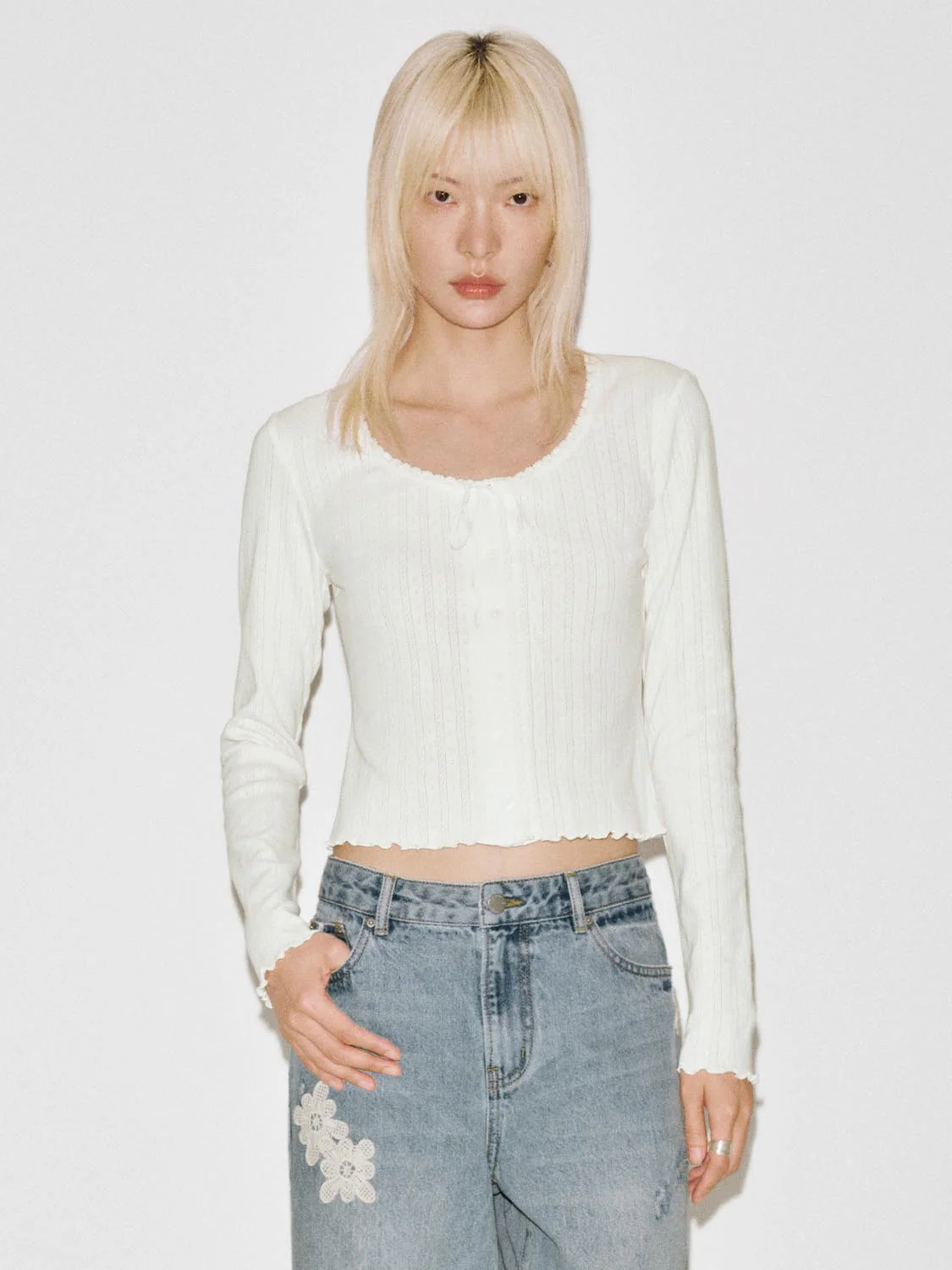 Crew Neck Bow Detail Ruffle Trim Long Sleeve T-Shirts - Image 9