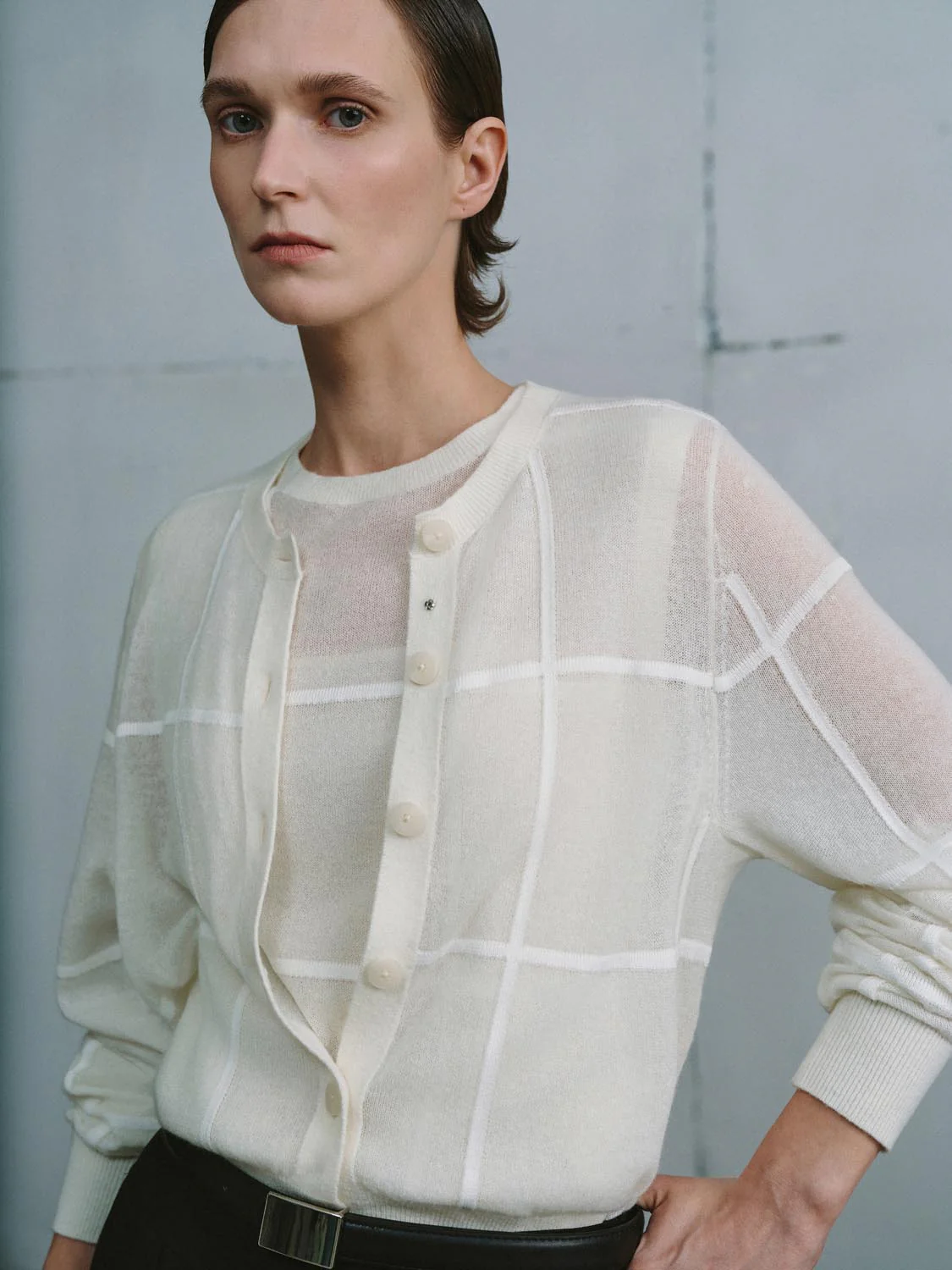 Crew Neck Contrast Check Knitted Cardigans - Image 2