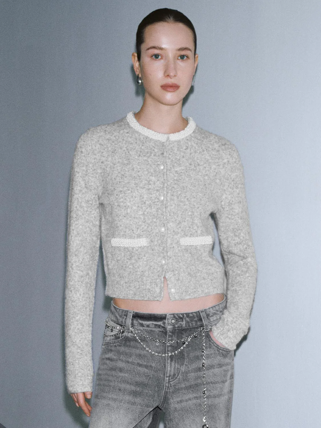 Crew Neck Contrast Trim Knitted Cardigans - Image 9