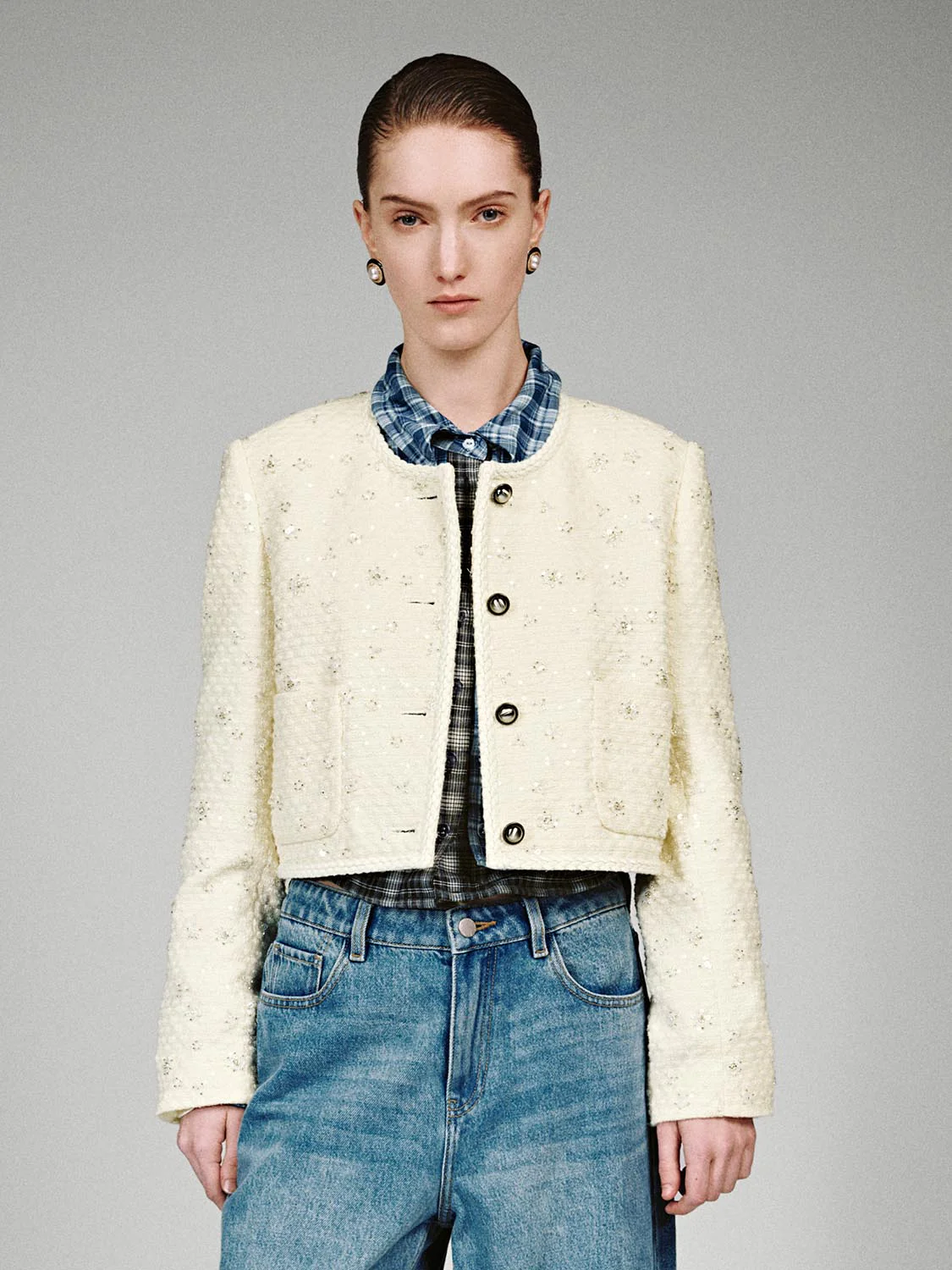 Crew Neck Embellished Button Up Jackets - Image 9