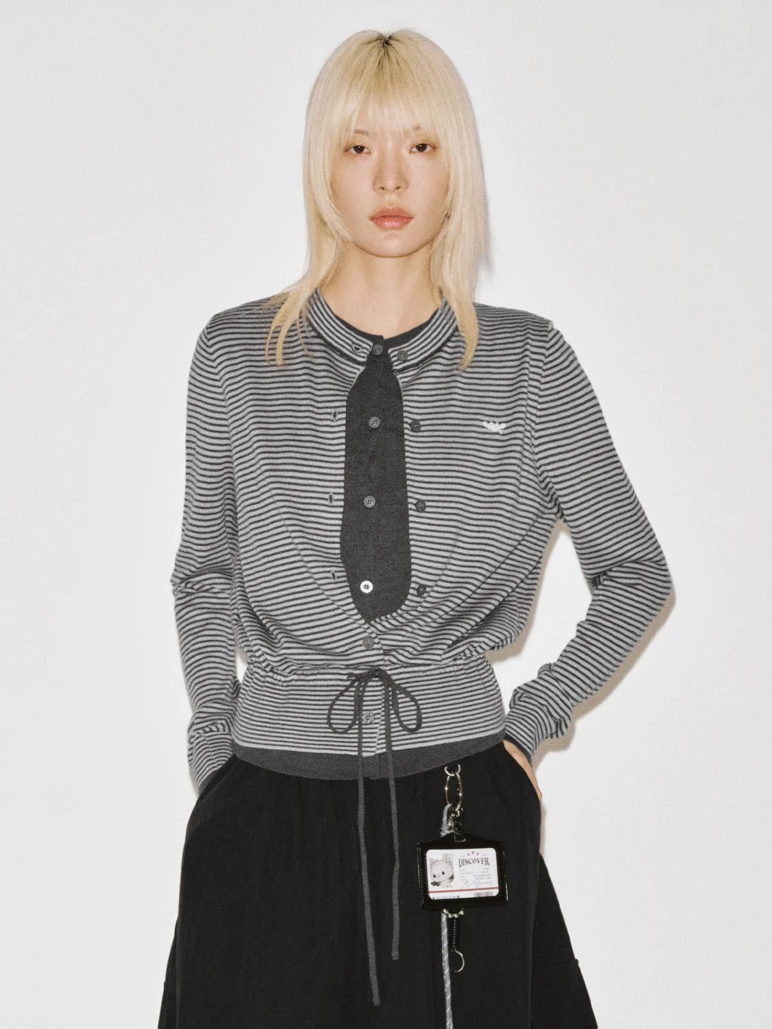 Crew Neck Embroidered Striped Tie Detail Knitted Cardigans