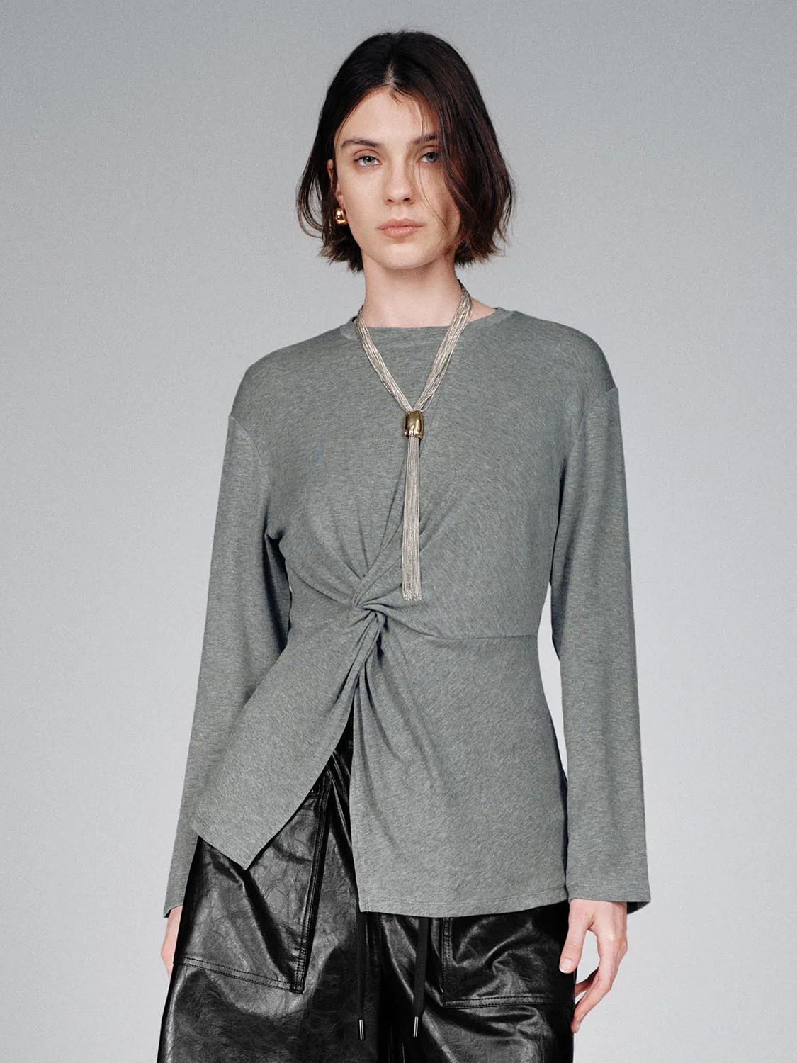Crew Neck Knot Front Long Sleeve T-Shirts
