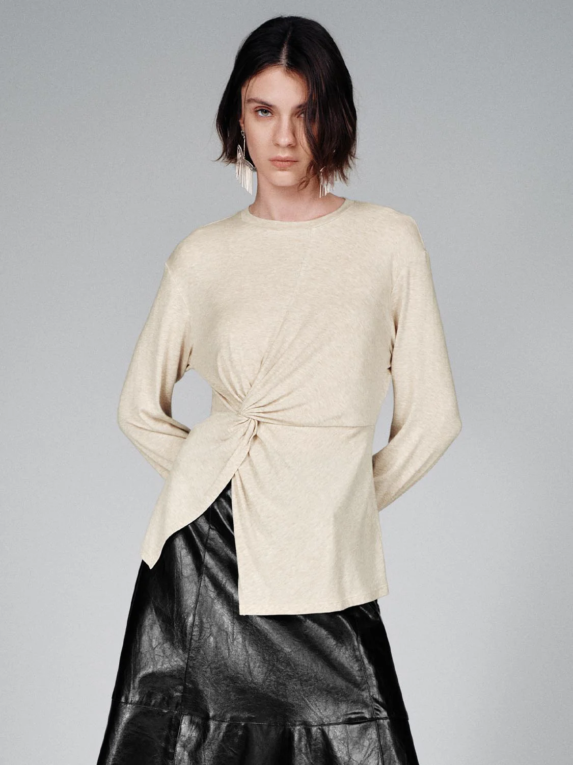 Crew Neck Knot Front Long Sleeve T-Shirts - Image 12
