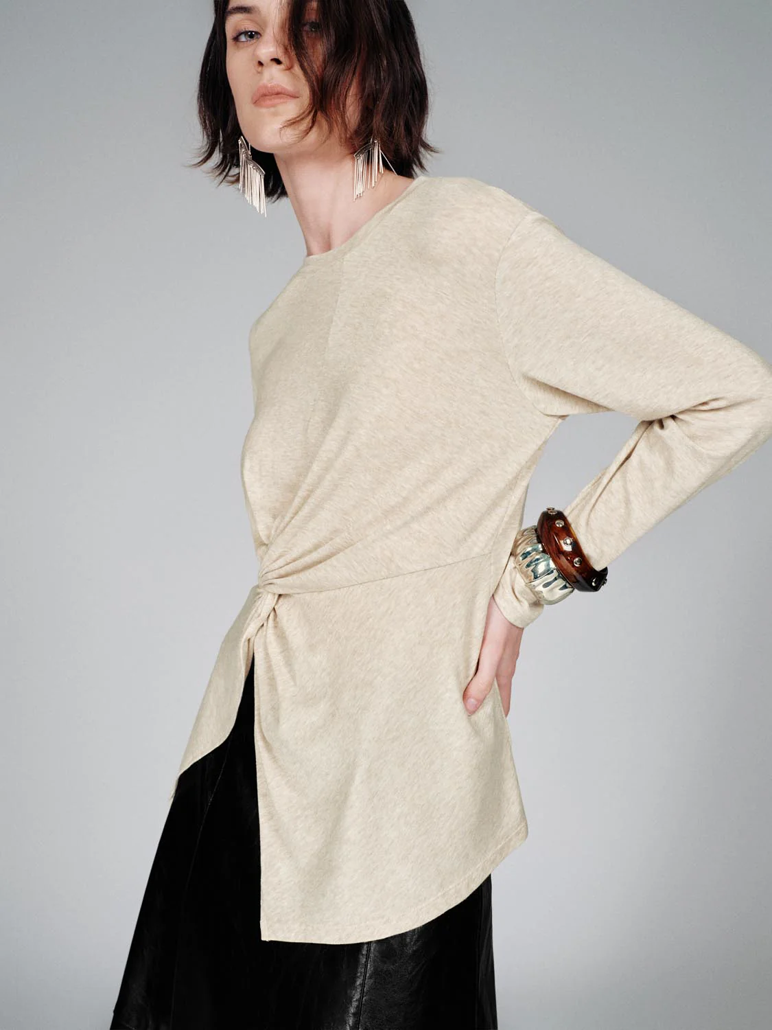 Crew Neck Knot Front Long Sleeve T-Shirts - Image 13