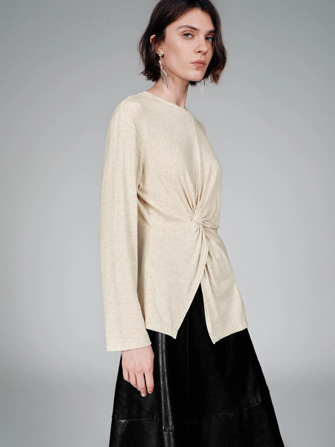 Crew Neck Knot Front Long Sleeve T-Shirts - Image 14
