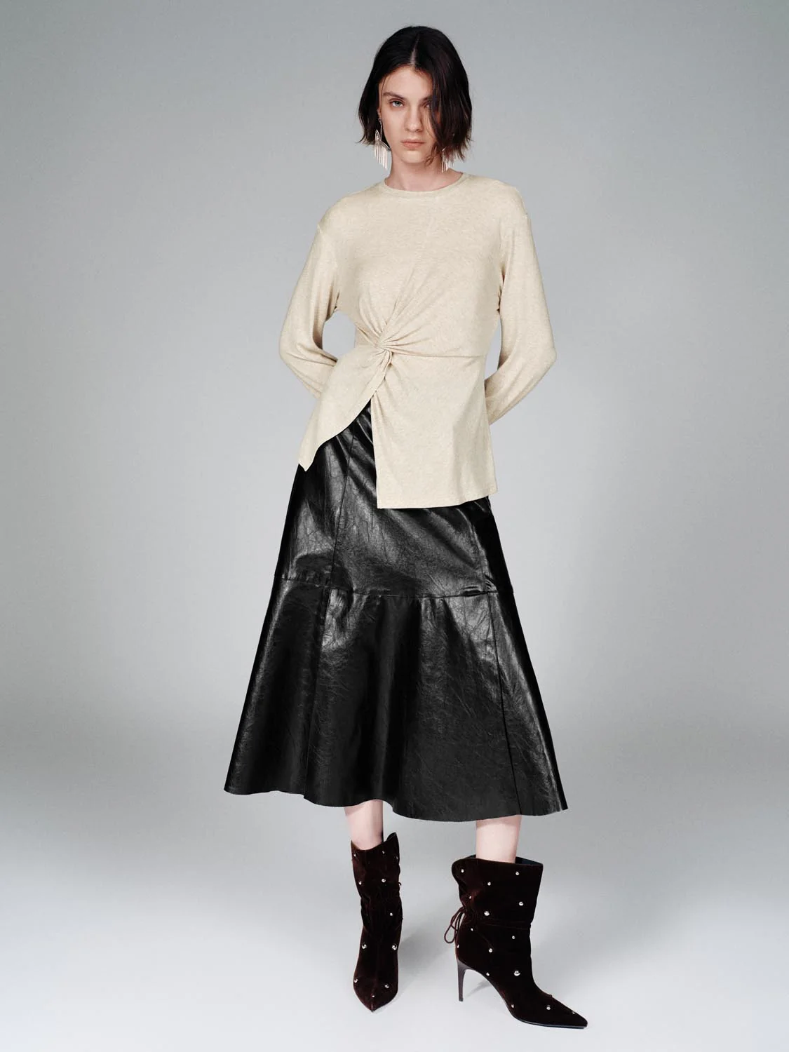 Crew Neck Knot Front Long Sleeve T-Shirts - Image 15