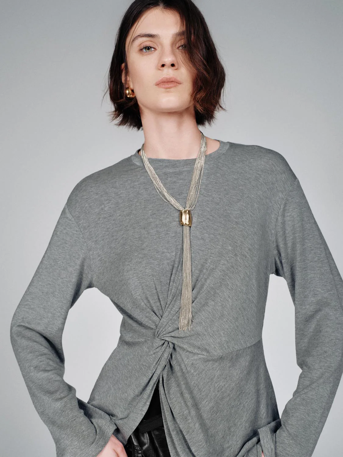 Crew Neck Knot Front Long Sleeve T-Shirts - Image 3