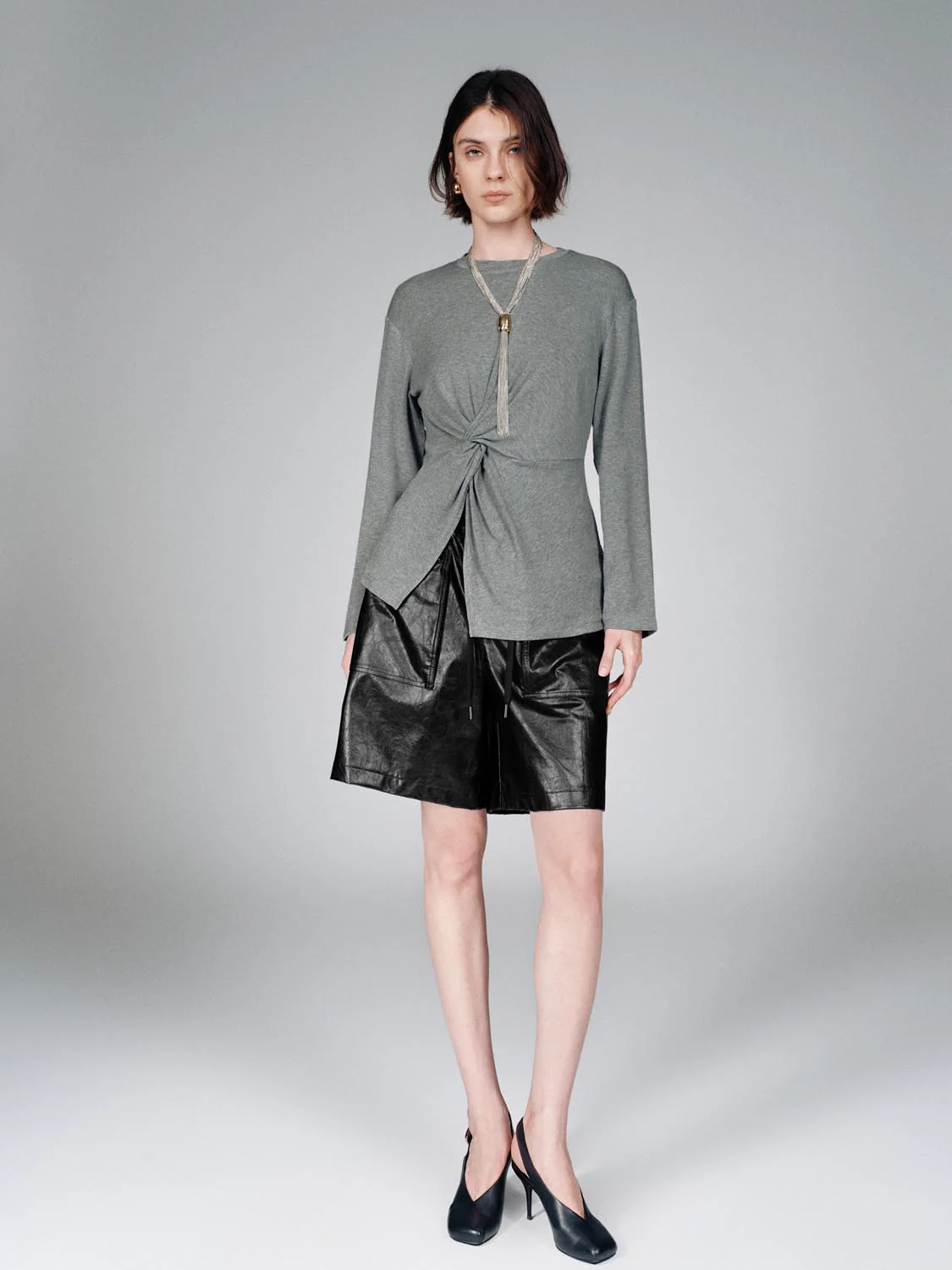 Crew Neck Knot Front Long Sleeve T-Shirts - Image 4