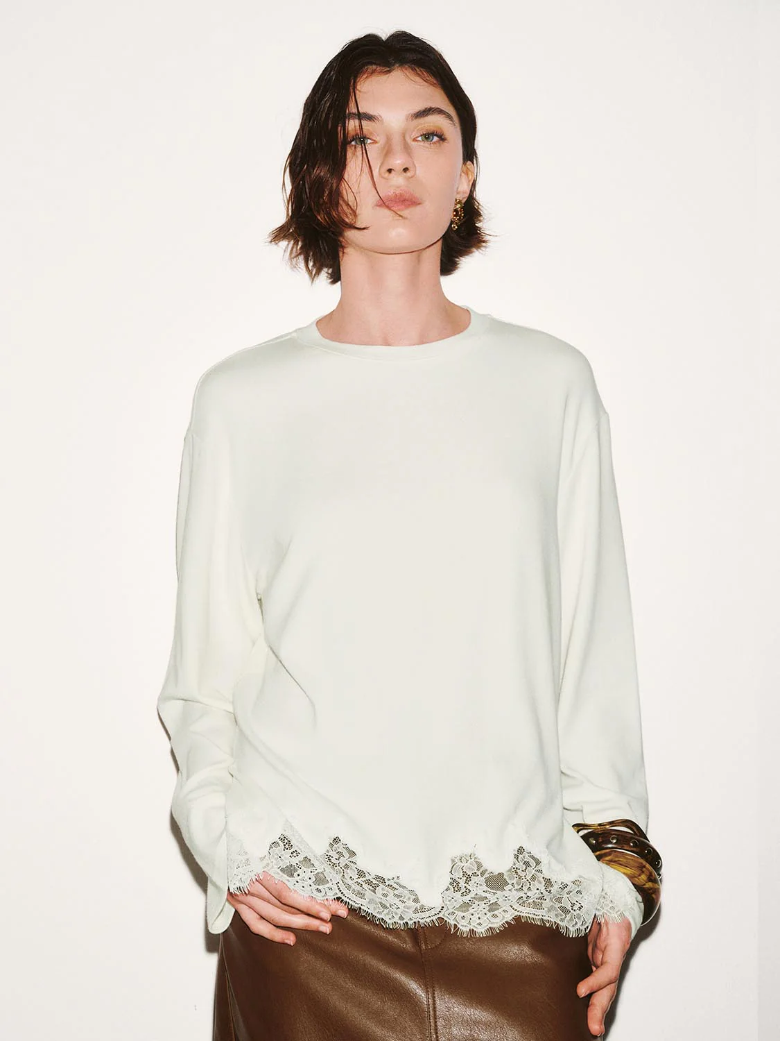Crew Neck Lace Trim Long Sleeve T-Shirts - Image 9