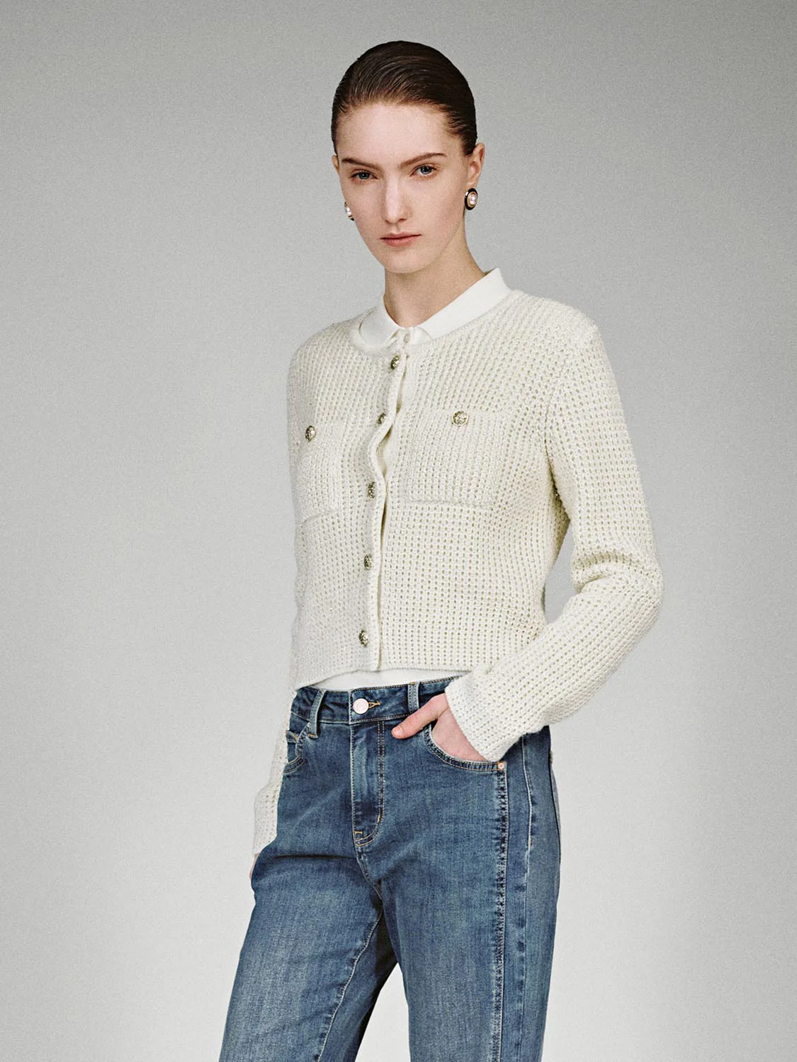 Crew Neck Patch Pockets Knitted Cardigans