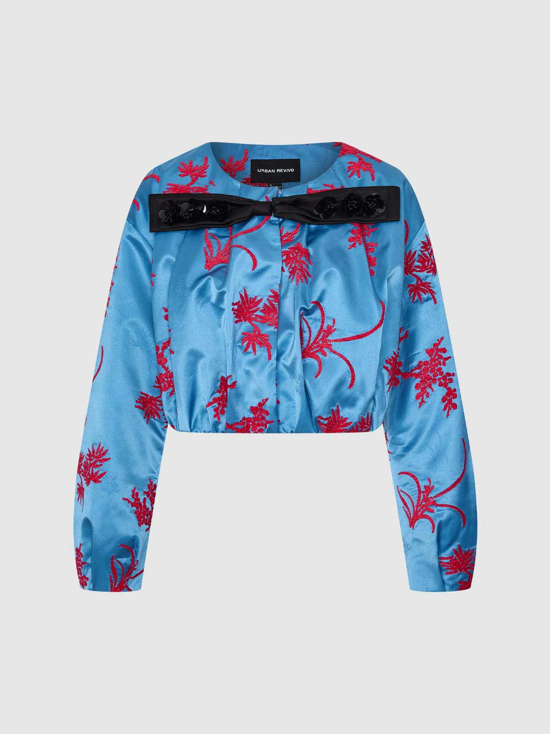 Crew Neck Pleated Embroidered Bow Detail Jackets - Image 7