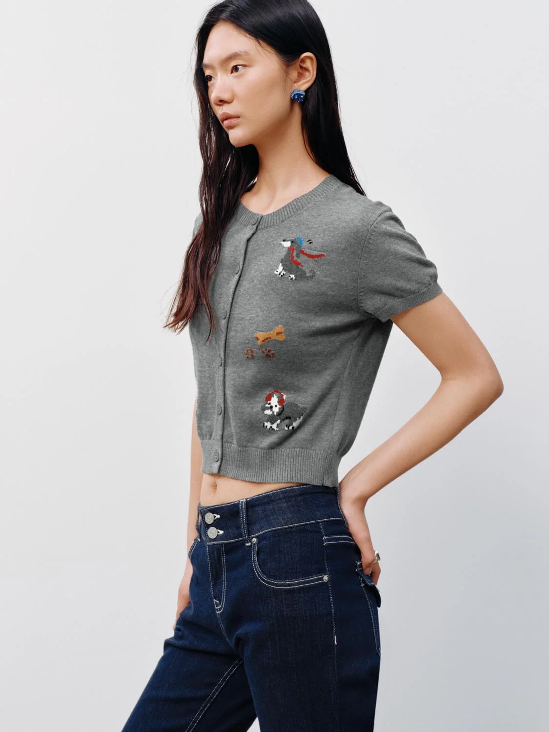 Crew Neck Short Sleeve Intarsia Knitted Cardigans - Image 2