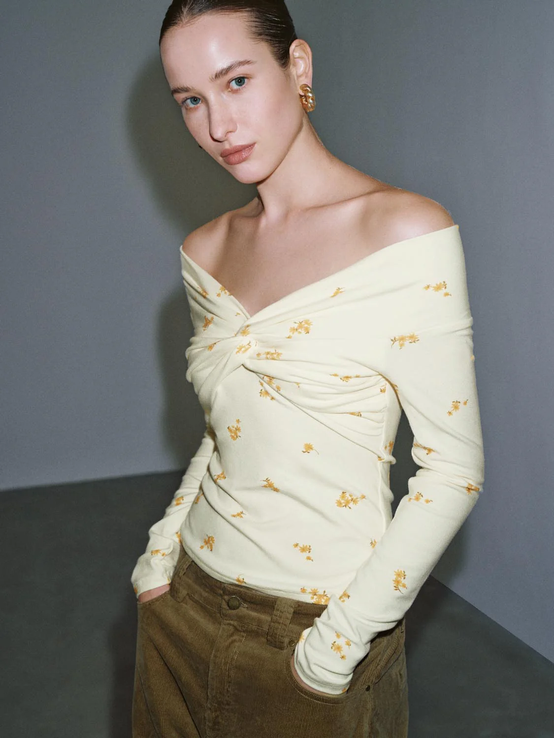 Cross Front Off Shoulder Floral Long Sleeve T-Shirts - Image 2