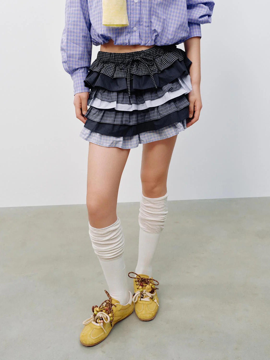 Drawstring Contrast Check Tiered Ruffle A-Line Mini Skirts - Image 4