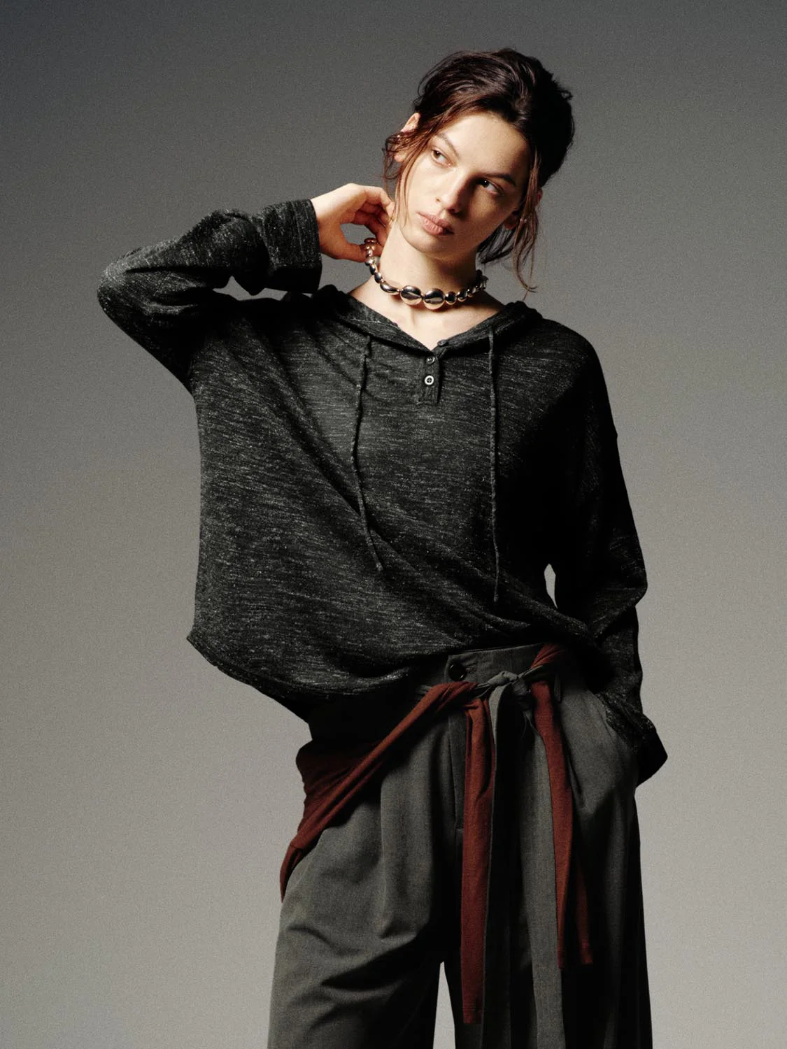 Drawstring Hooded Long Sleeve Knitted T-Shirts