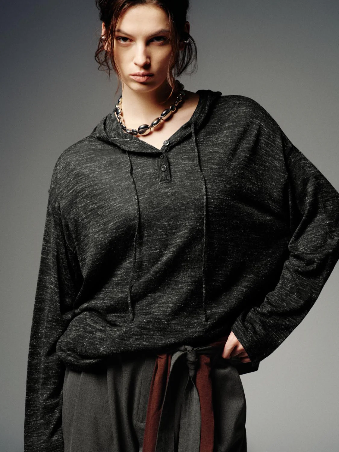 Drawstring Hooded Long Sleeve Knitted T-Shirts - Image 2