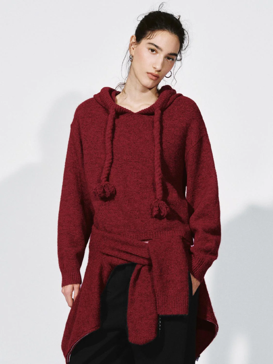 Drawstring Hooded Long Sleeve Knitted T-Shirts