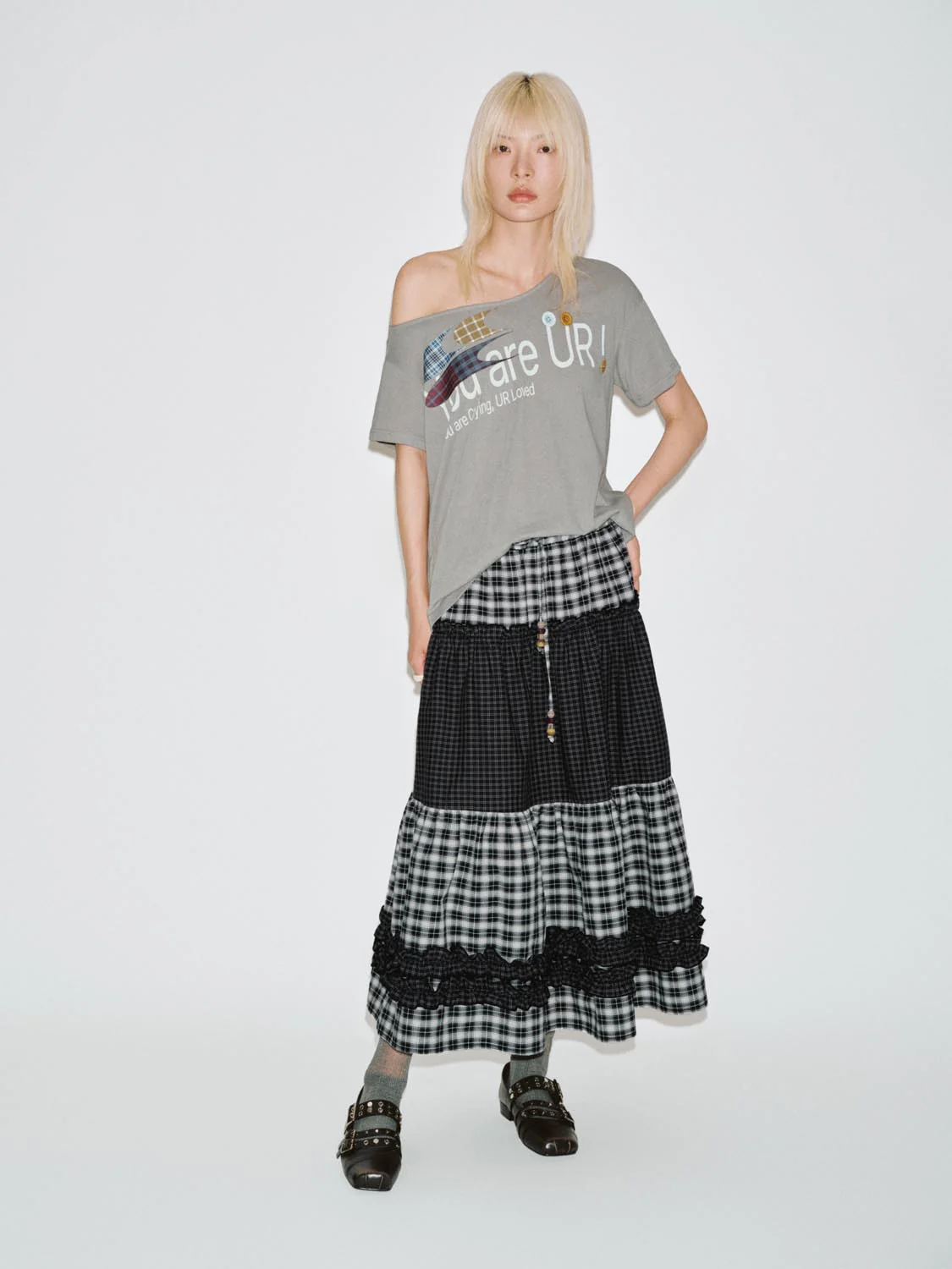 Drawstring Pull On Contrast Check Tiered A-Line Midi Skirts - Image 7