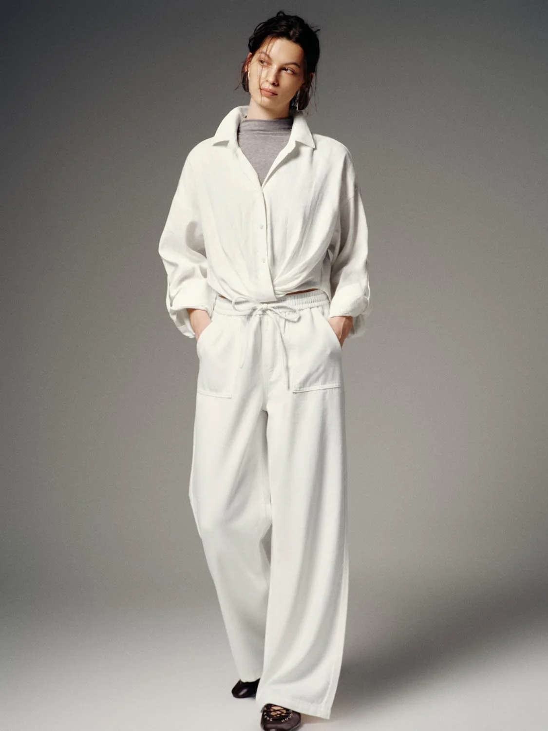 Drawstring Pull On Patch Pocket Wide Leg Jeans - Image 7