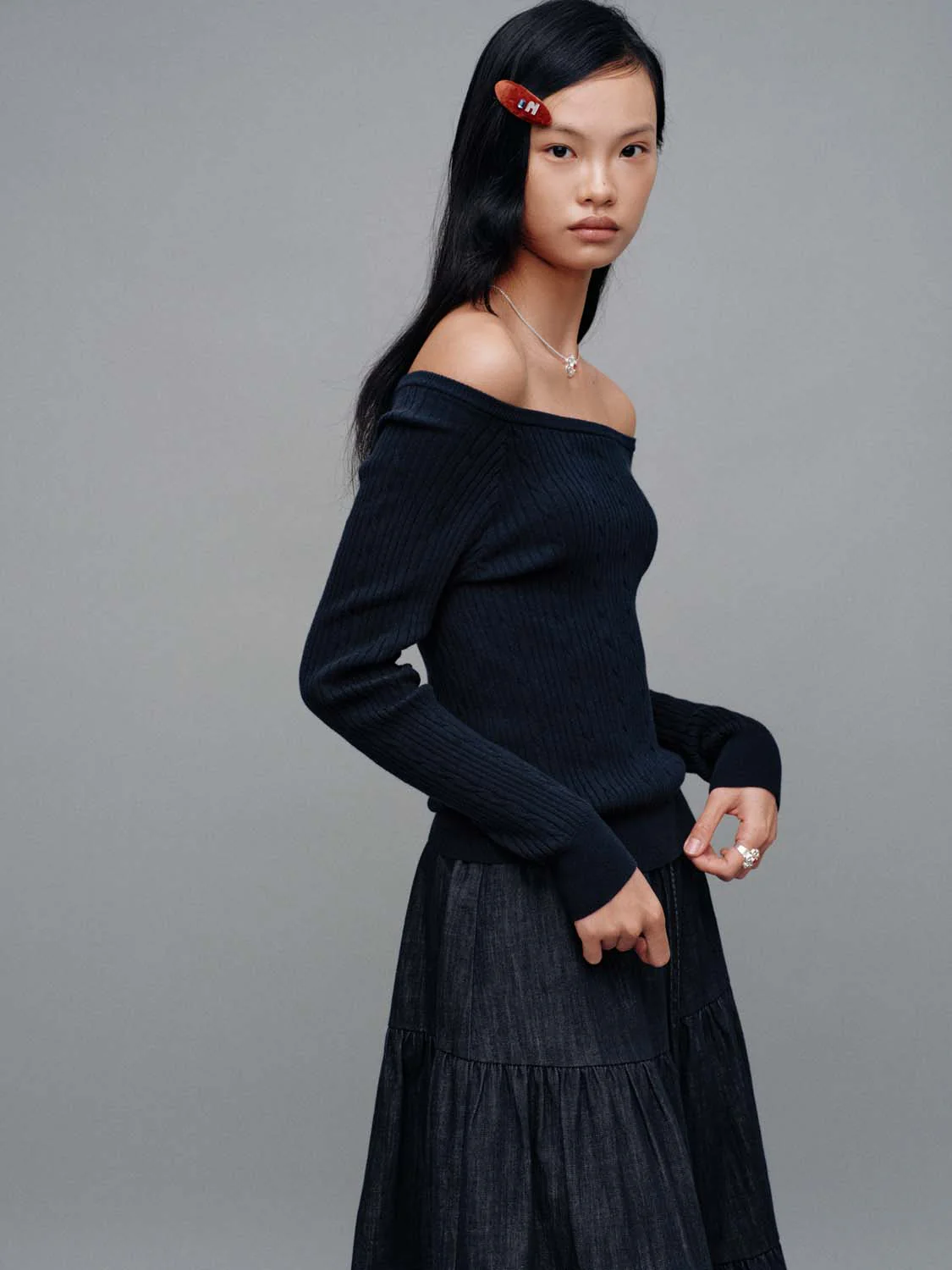 Embroidered Boat Neck Long Sleeve Knitted T-Shirts - Image 2