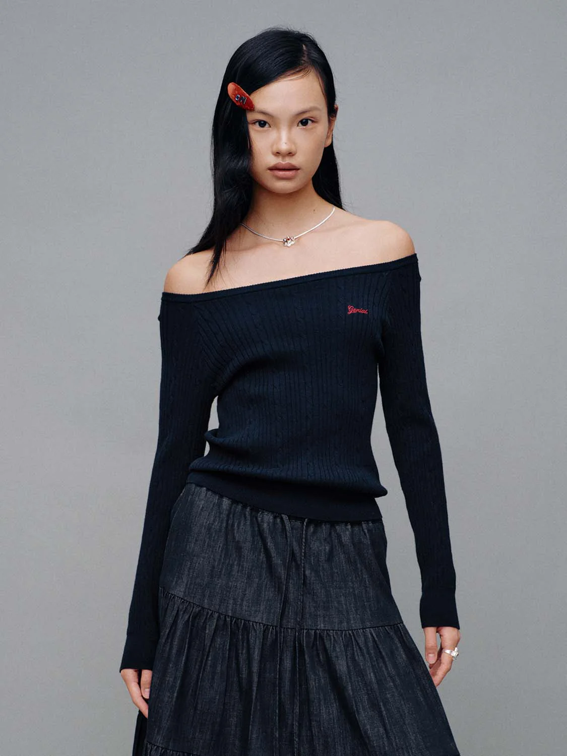 Embroidered Boat Neck Long Sleeve Knitted T-Shirts - Image 7