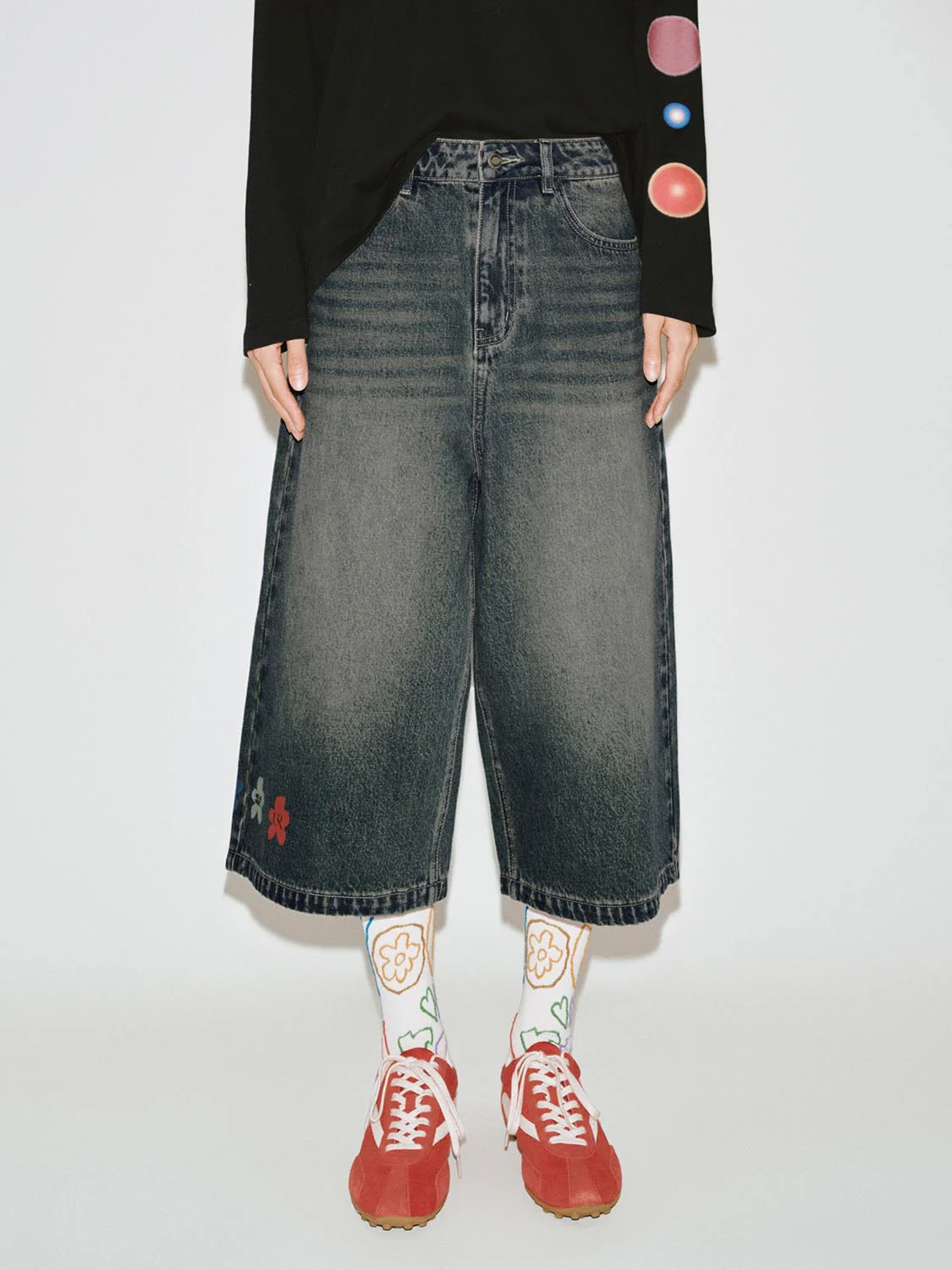 Embroidered Washed Denim Shorts - Image 9