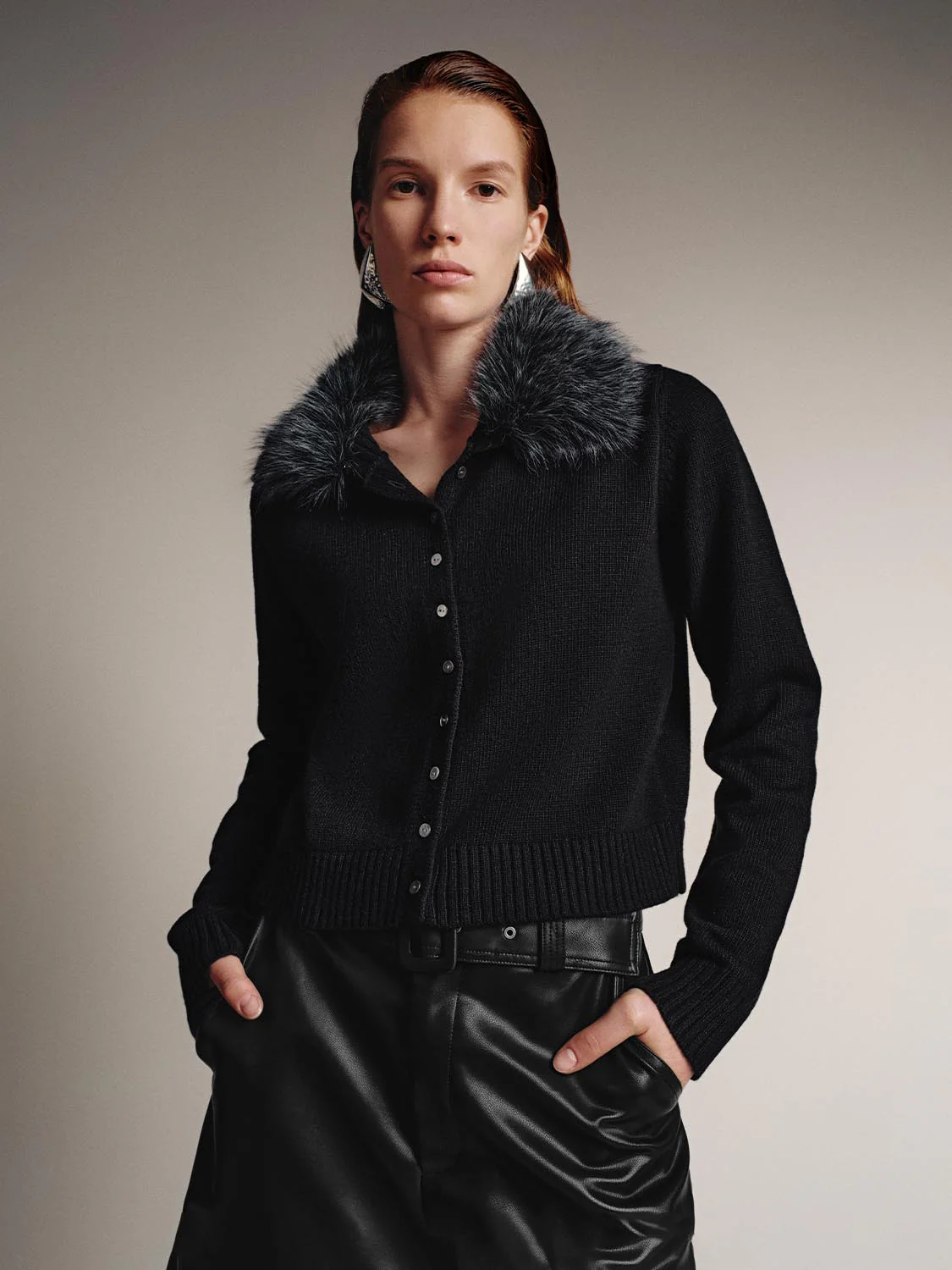 Faux Fur Collar Knitted Cardigans
