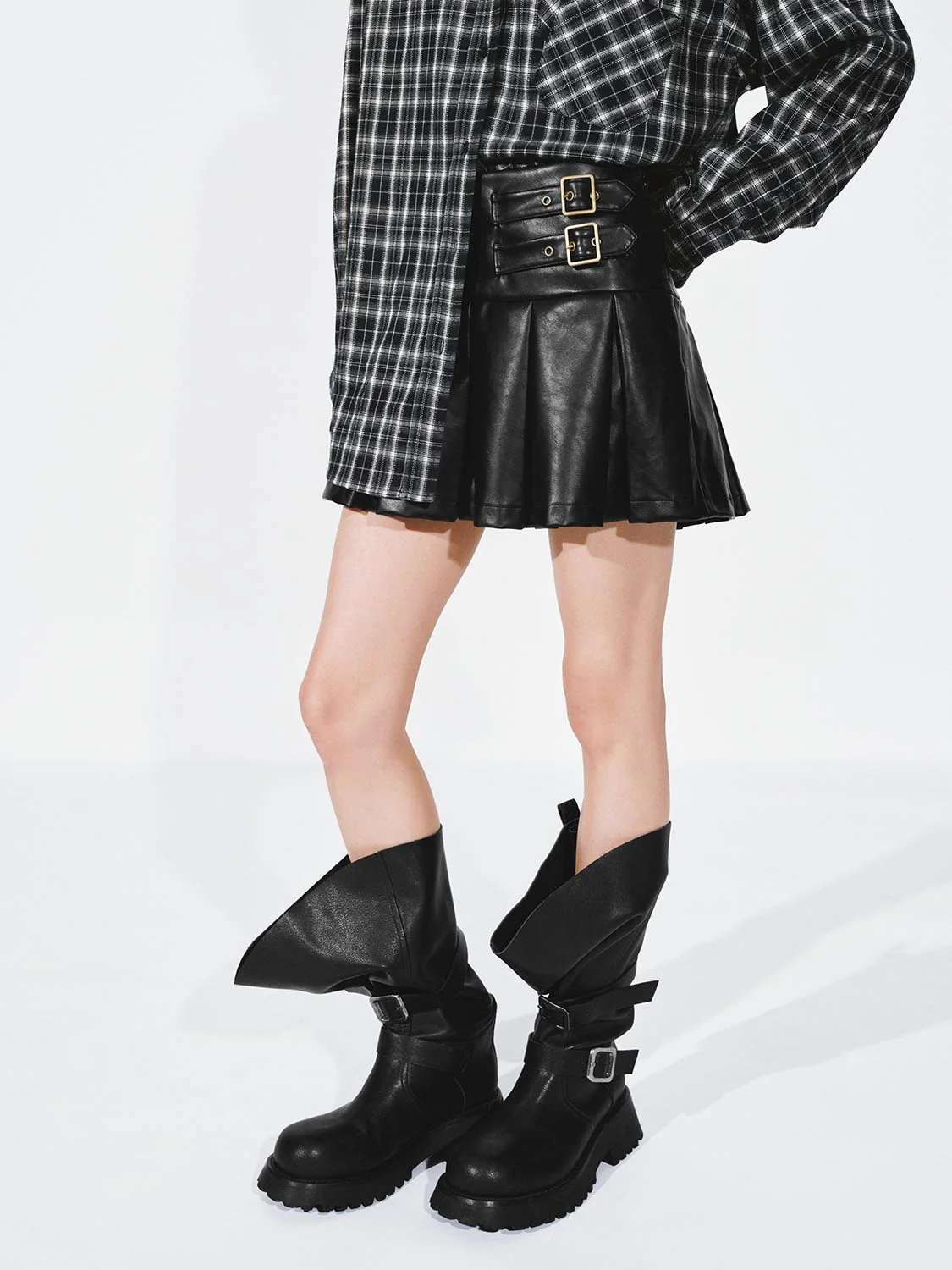 Faux Leather Buckle Detail Pleated Mini Skirts - Image 2