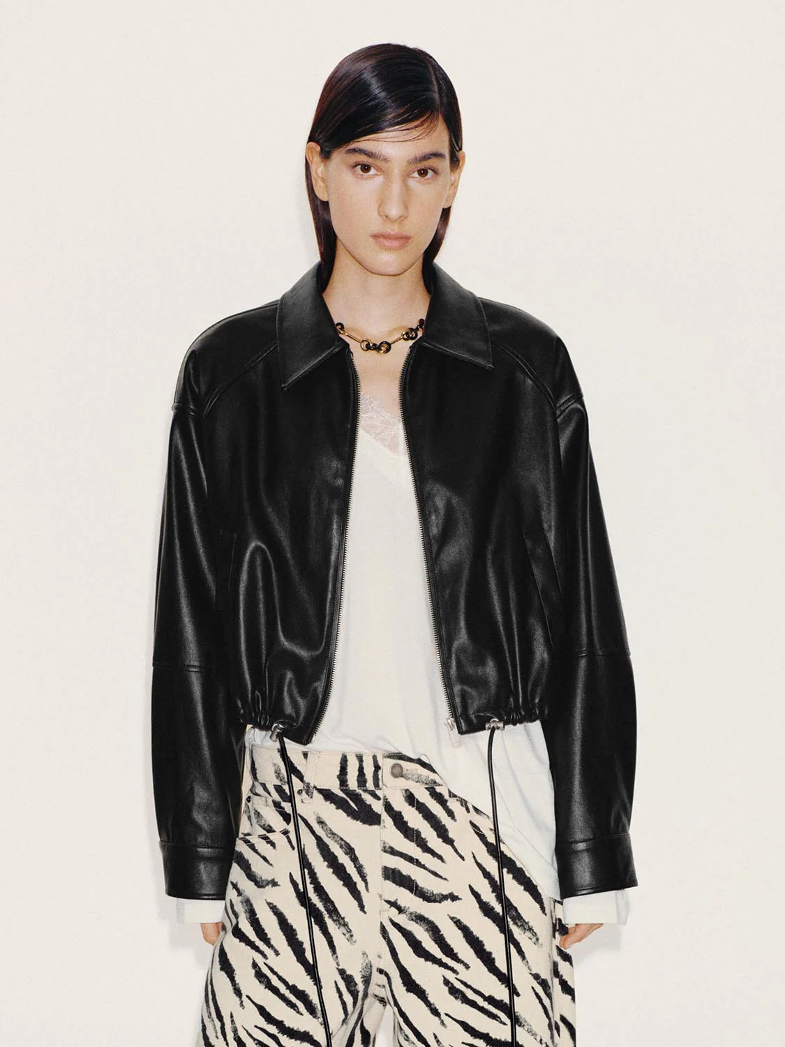 Faux Leather Collared Bomber Jackets