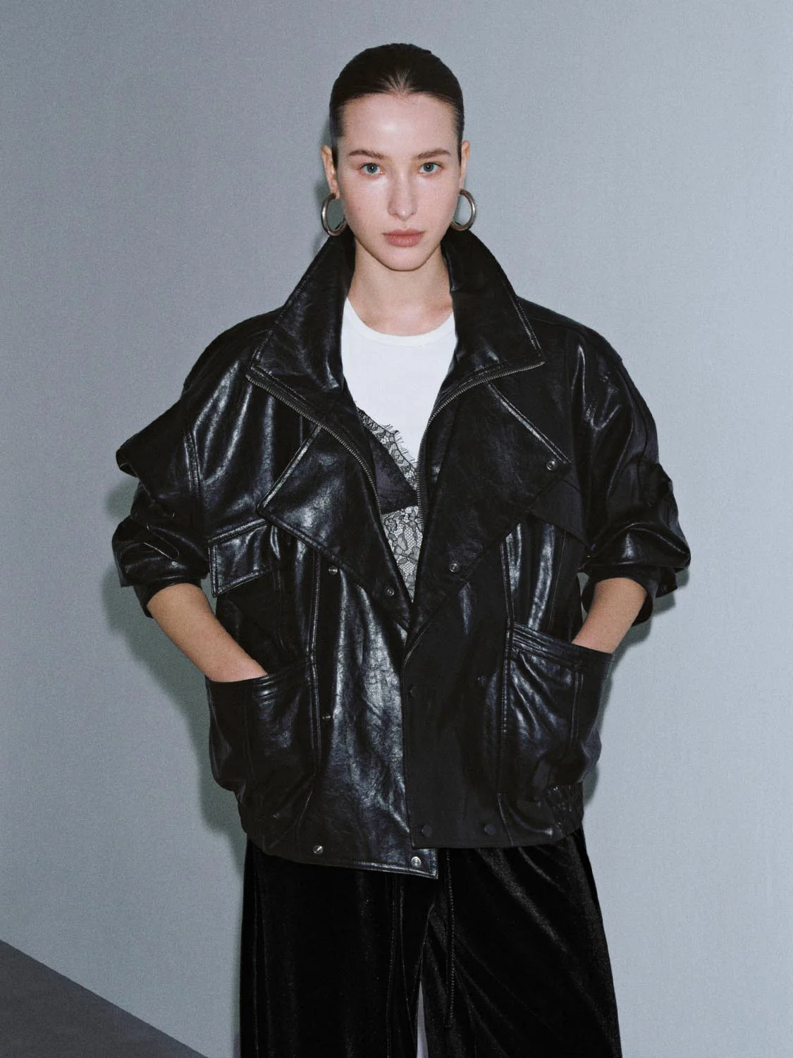 Faux Leather Double Breasted Loose Fit Jackets - Image 9