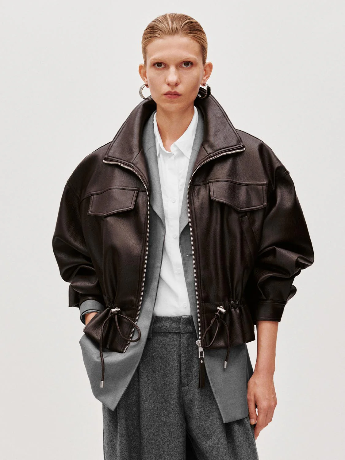 Faux Leather Drawstring Bomber Jackets - Image 9