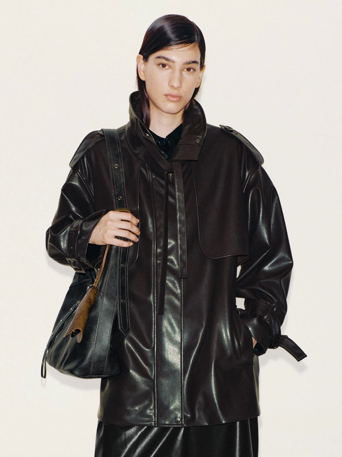 Faux Leather Funnel Neck Belted Trench Coats
